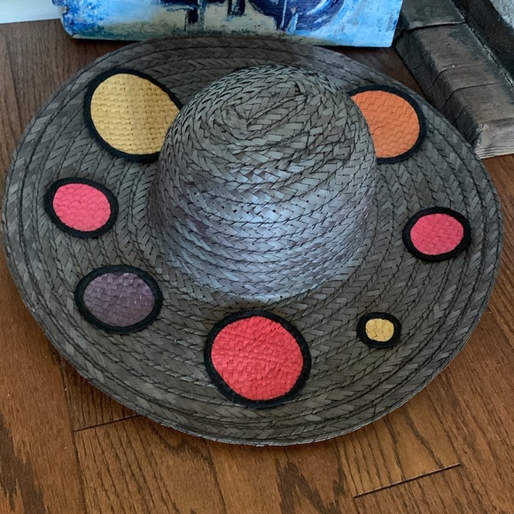 Emmanuel Geraldo Light Black Straw Wide Brim Colourful Hat Polka Dot Embellished - Picture 14 of 17